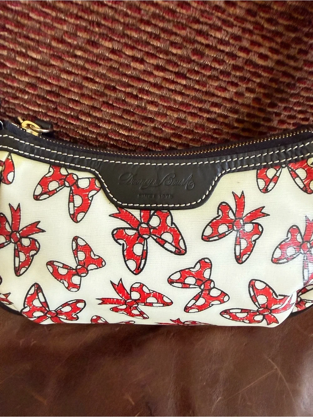 Dooney & Bourke Red and White Bow-Print Shoulder Bag with Black Trim